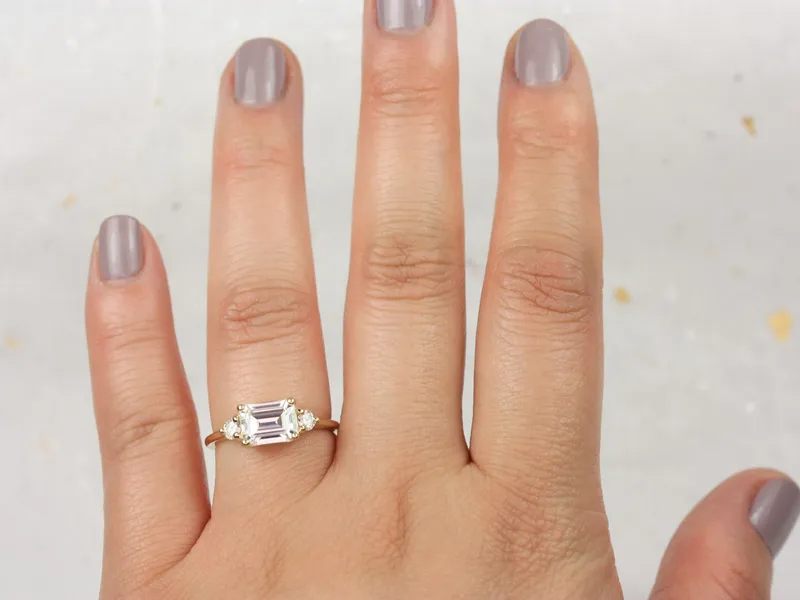 1.75cts Saint 8x6mm 14kt Gold Moissanite East West Horizontal 3 Stone Emerald Engagement Ring view 8