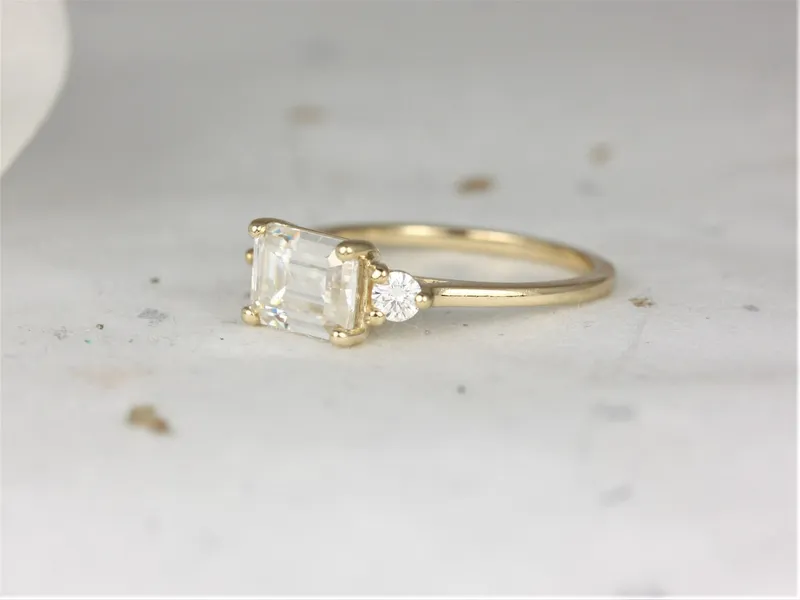 1.75cts Saint 8x6mm 14kt Gold Moissanite East West Horizontal 3 Stone Emerald Engagement Ring view 5