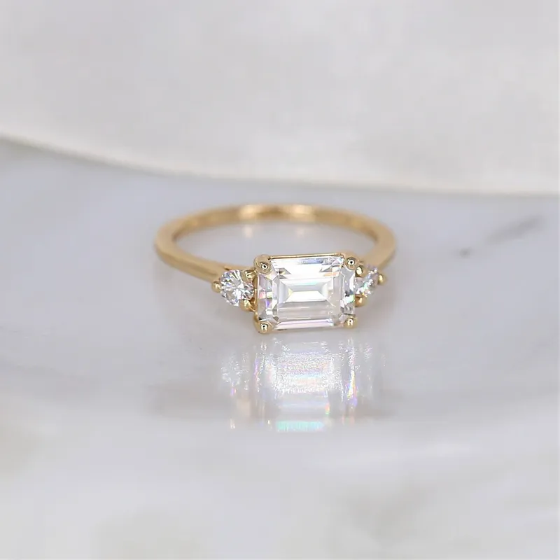 1.75cts Saint 8x6mm 14kt Gold Moissanite East West Horizontal 3 Stone Emerald Engagement Ring view 3