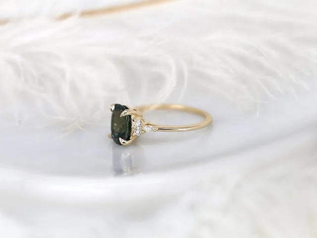 2.93ct Ready to Ship Petite Tinsley 14kt Gold Peacock Teal Sapphire Diamond Cushion Cluster Ring view 7