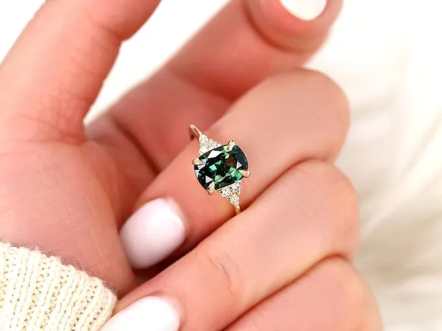 2.93ct Ready to Ship Petite Tinsley 14kt Gold Peacock Teal Sapphire Diamond Cushion Cluster Ring view 2
