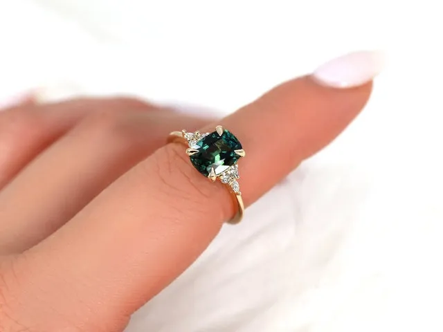 2.93ct Ready to Ship Petite Tinsley 14kt Gold Peacock Teal Sapphire Diamond Cushion Cluster Ring view 3