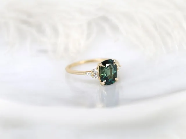 2.93ct Ready to Ship Petite Tinsley 14kt Gold Peacock Teal Sapphire Diamond Cushion Cluster Ring view 5