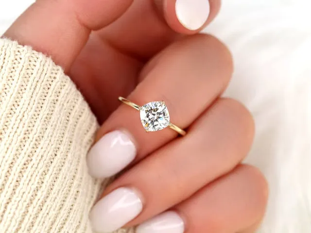 2ct Finley 7.5mm 14kt Moissanite Kite Set Cushion Solitaire Engagement Ring view 2