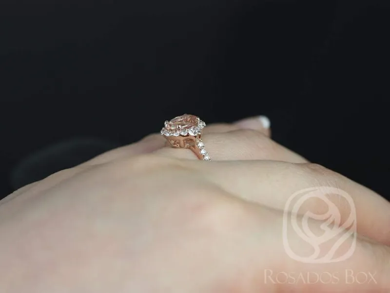 Bridgette 8x6mm 14kt Morganite Diamonds Dainty Unique Oval Halo Ring vy 8
