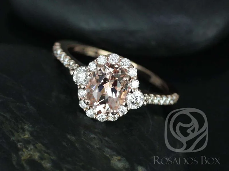 Bridgette 8x6mm 14kt Morganite Diamonds Dainty Unique Oval Halo Ring vy 4