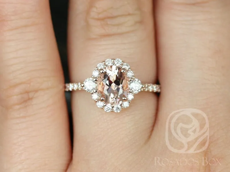 Bridgette 8x6mm 14kt Morganite Diamonds Dainty Unique Oval Halo Ring vy 6