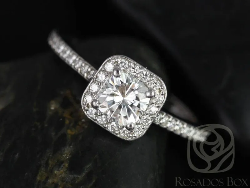 SALE Rosados Box Ready to Ship Camila 5mm 14kt White Gold Cushion FB Moissanite and Diamonds Halo Engagement Ring cushion cut engagement ring