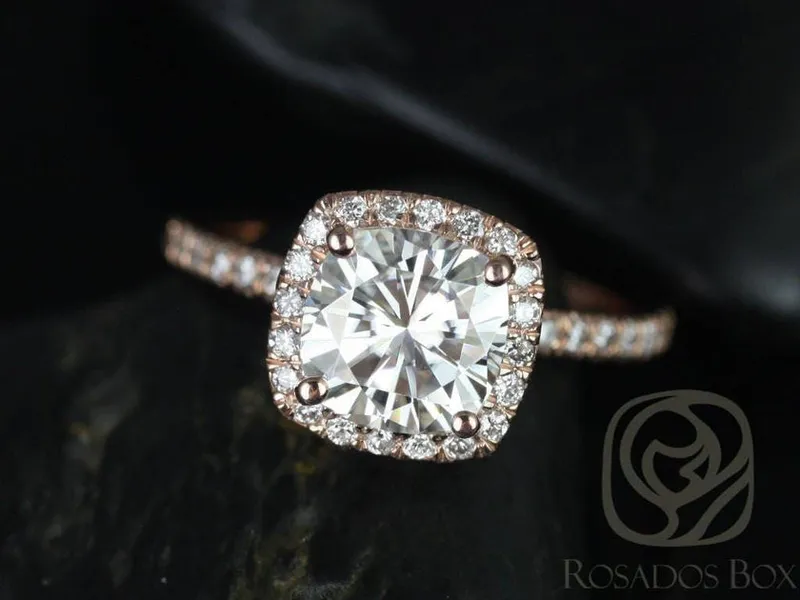 SALE 2ct Ready to Ship Mariah 7.5mm 14kt Rose Gold Cushion FB Moissanite and Diamond Halo Engagement Ring diamond cushion cut engagement ring