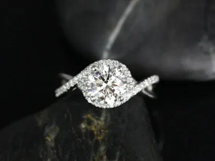 SALE Rosados Box Ready to Ship Maritza 7mm 14kt White Gold Round FB Moissanite and Diamonds Halo Twist Engagement Ring round cut engagement ring