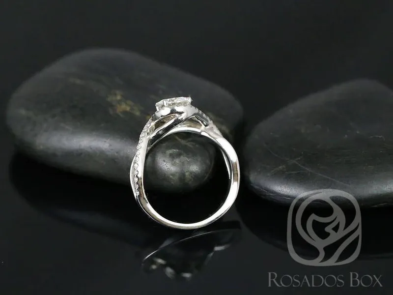 SALE Rosados Box Ready to Ship Maritza 7mm 14kt White Gold Round FB Moissanite and Diamonds Halo Twist Engagement Ring view 2