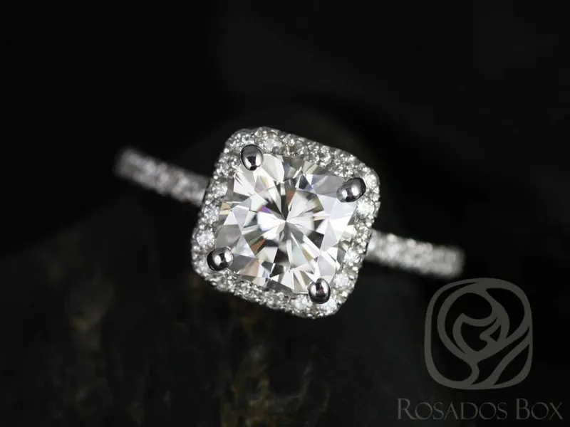 SALE 1.70ct Ready to Ship Pernella 7mm 14kt White Gold FB Moissanite Diamond Cushion Halo Ring vy 4