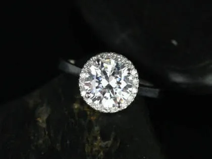 SALE Rosados Box Ready to Ship Monique 8mm Platinum Round FB Moissanite and Diamonds Halo Engagement Ring round cut engagement ring in platinum