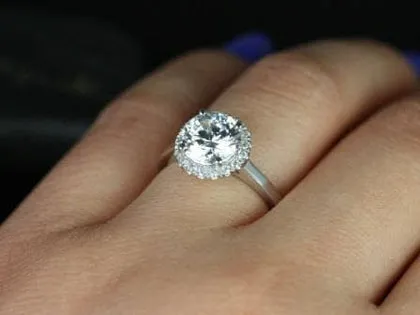 SALE Rosados Box Ready to Ship Monique 8mm Platinum Round FB Moissanite and Diamonds Halo Engagement Ring vy 4