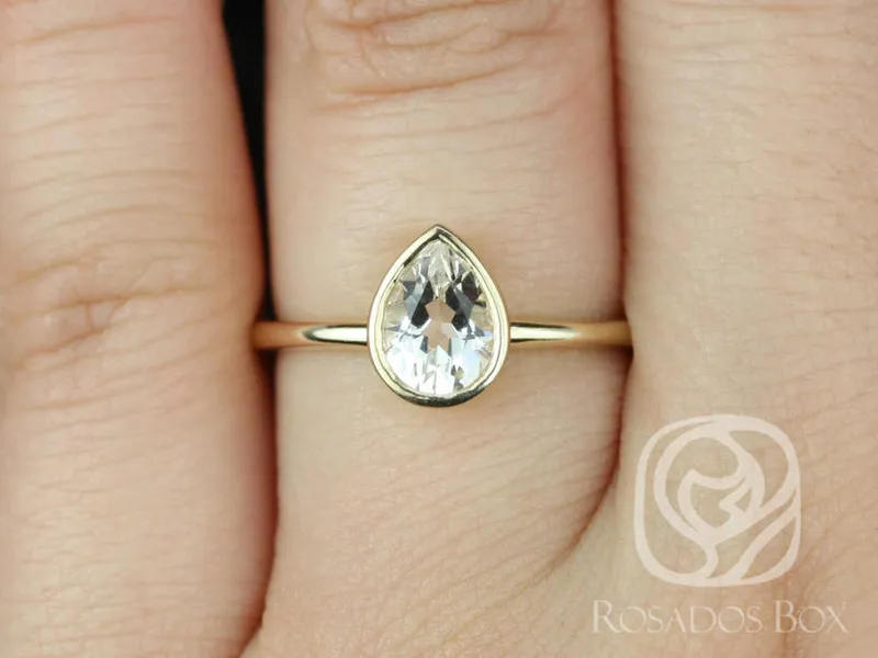 Isla 7x5mm 14kt Gold White Sapphire Bezel Pear Solitaire Ring sapphire pear cut engagement ring