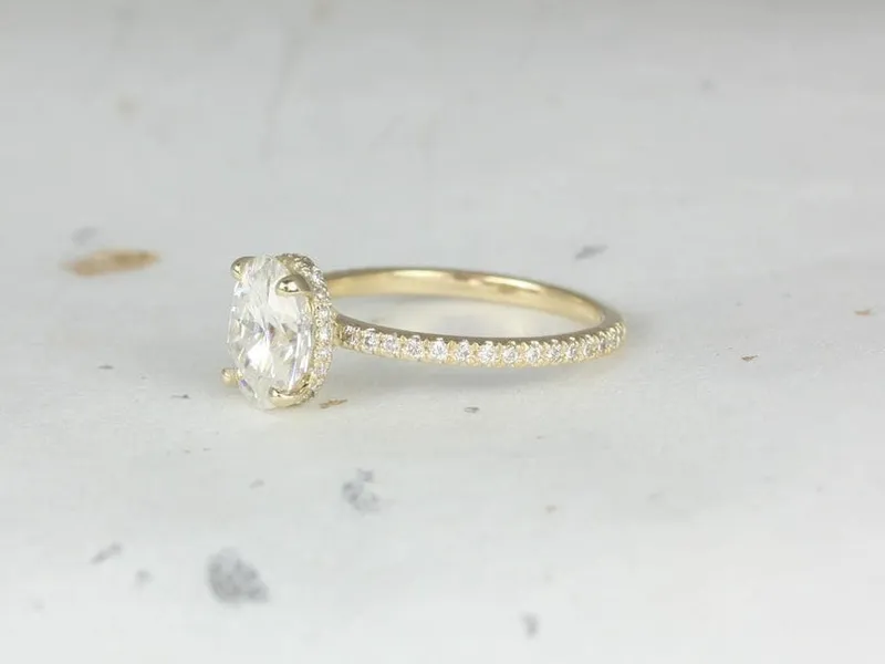 2ct EXTRA LOW Viviana 9x7mm 14kt Gold Moissanite Diamond Scarf Halo Oval Solitaire Ring view 2