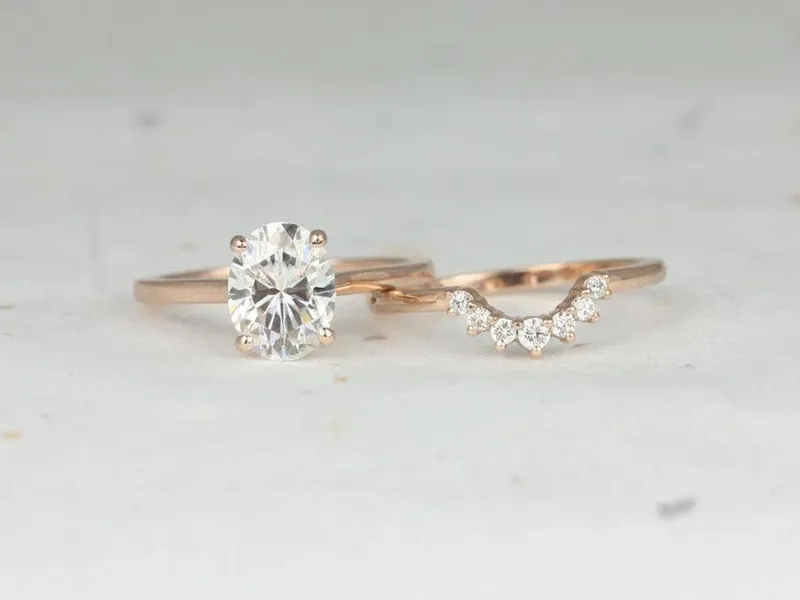 2ct Delia 9x7mm & Rayna 1.0 14kt Moissanite Diamond Oval Bridal Set,Oval Engagement Ring,Oval Wedding Ring Set,Anniversary Gift,Solitaire view 3