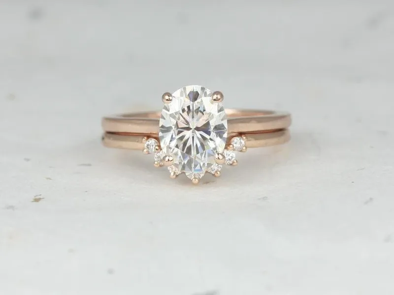 2ct Delia 9x7mm & Rayna 1.0 14kt Moissanite Diamond Oval Bridal Set,Oval Engagement Ring,Oval Wedding Ring Set,Anniversary Gift,Solitaire view 2