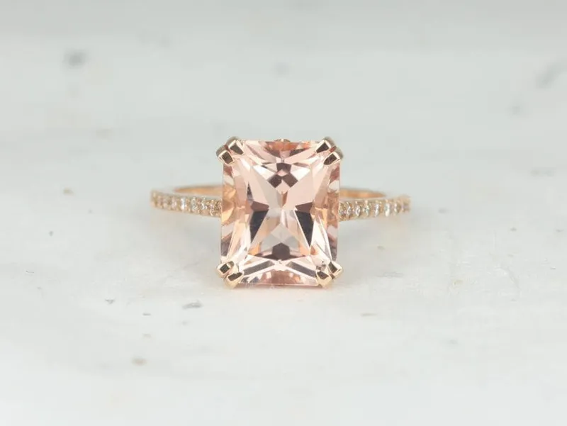 Cosette 11x9mm 14kt Morganite Diamond Fleur De Lis Cathedral Radiant Solitaire Ring vy 2