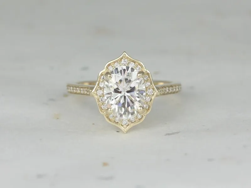 2ct Myra 9x7mm 14kt Moissanite Diamond WITHOUT Milgrain Vintage Oval Halo Ring vy 2