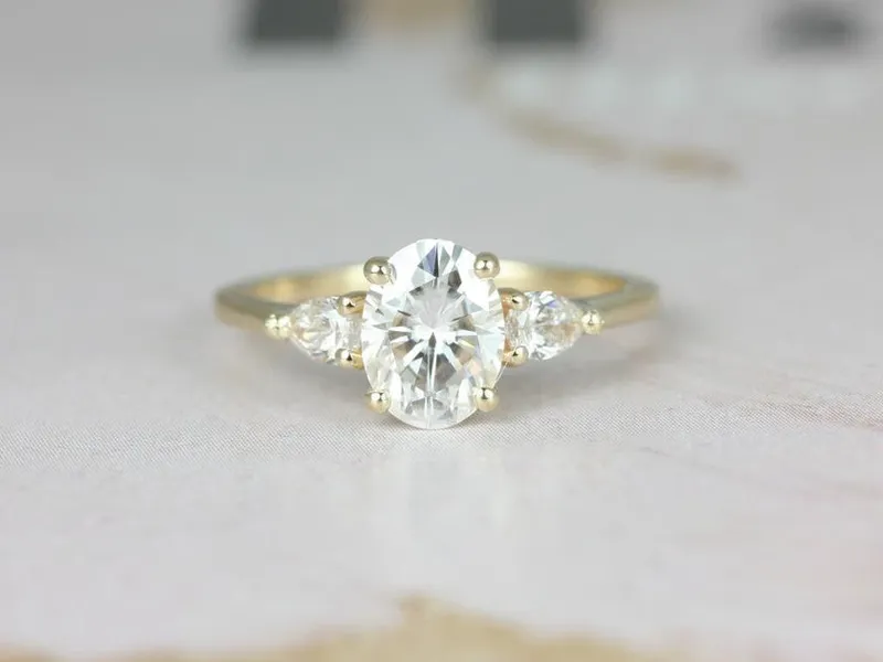 1.50ct Ready to Ship Emery 8x6mm 14kt WHITE Gold Forever One Moissanite Diamond 3 Stone Oval Engagement Ring,Three Stone Ring vy 2
