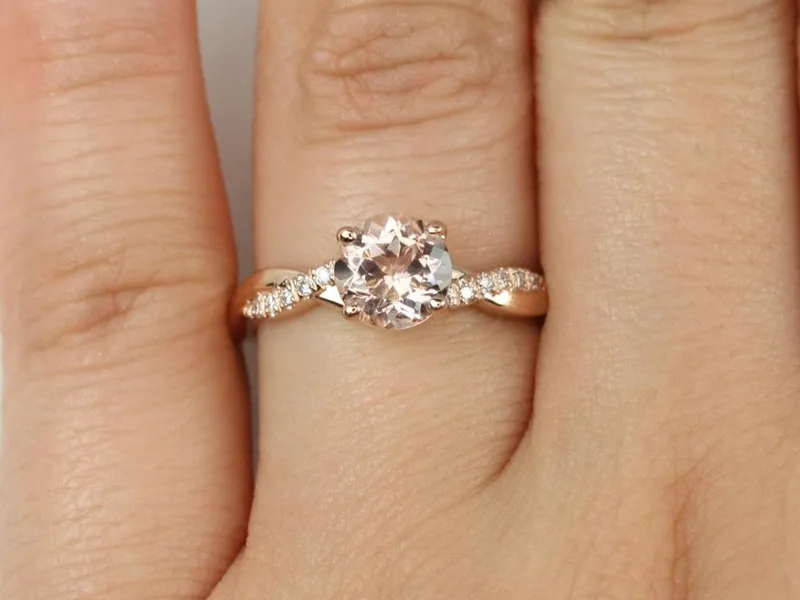 Tyra 7mm 14kt Morganite Diamond Vine Twist Round Solitaire Ring view 4
