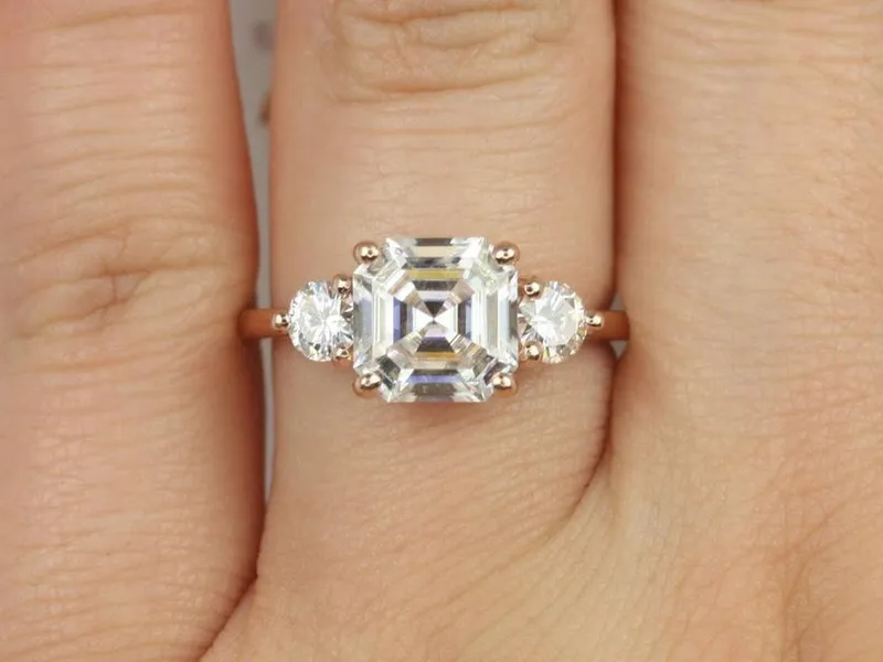 2.20cts Minah 8mm 14kt Rose Gold Forever One Moissanite Dainty Minimalist 3 Stone Asscher Engagement Ring view 4