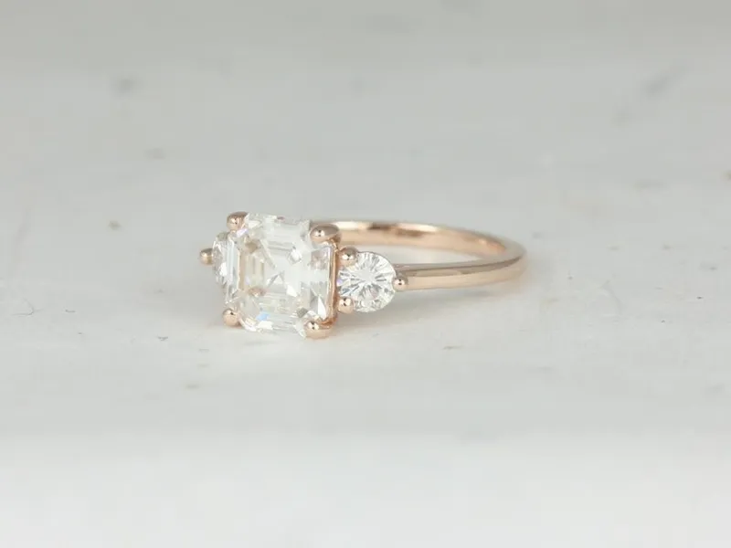 2.20cts Minah 8mm 14kt Rose Gold Forever One Moissanite Dainty Minimalist 3 Stone Asscher Engagement Ring view 2