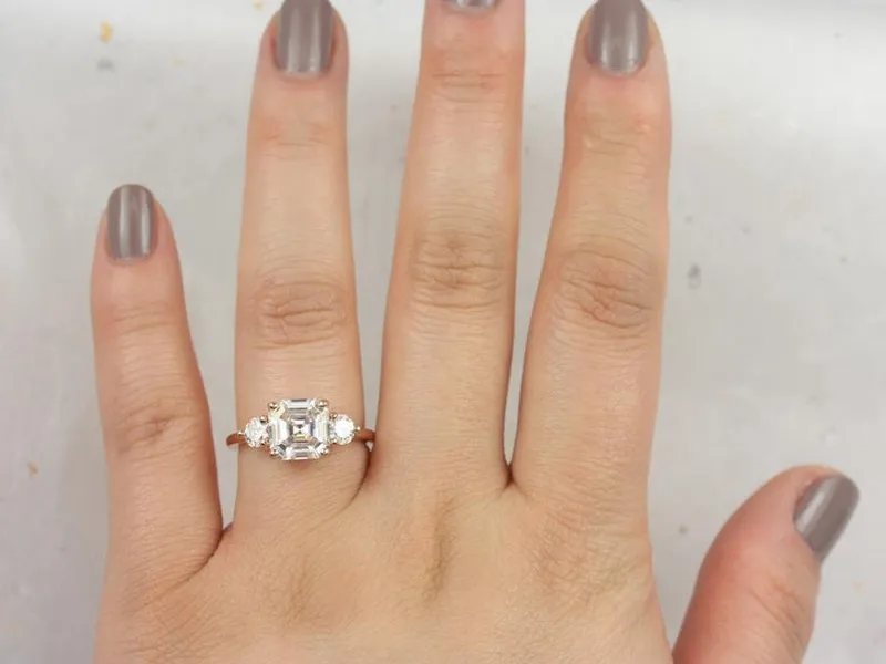 2.20cts Minah 8mm 14kt Rose Gold Forever One Moissanite Dainty Minimalist 3 Stone Asscher Engagement Ring view 5