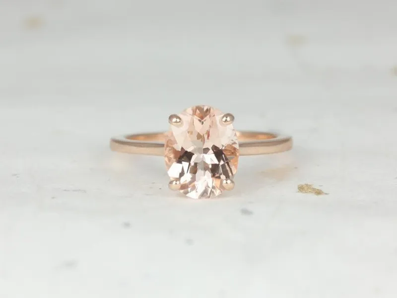 Delia 10x8mm 14kt Rose Gold Morganite Dainty Low Cathedral Oval Solitaire Engagement Ring pink oval cut engagement ring