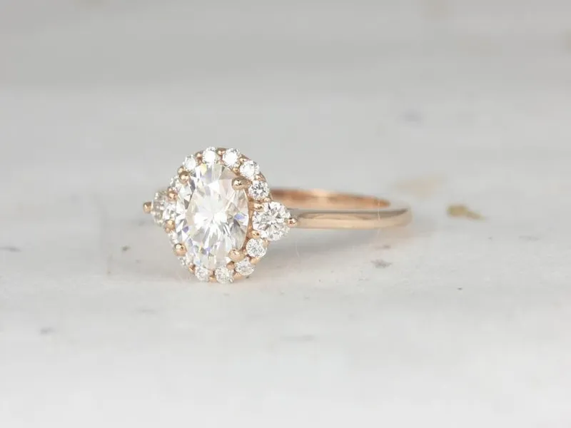 1.50ct Ready to Ship Britney 8x6mm 14kt YELLOW Gold Moissanite Diamond Unique Three Stone Oval Halo Ring vy 3