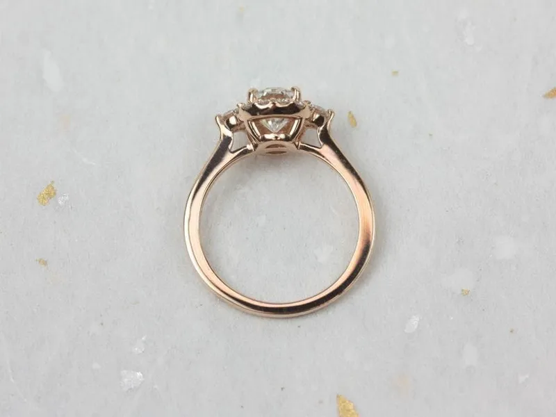 1.50ct Ready to Ship Britney 8x6mm 14kt YELLOW Gold Moissanite Diamond Unique Three Stone Oval Halo Ring vy 4