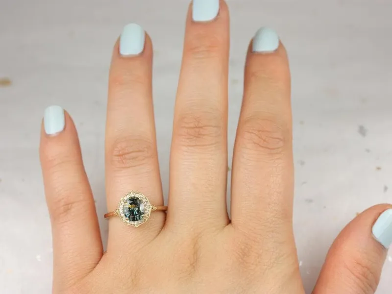 1.69ct Ready to Ship Mae 14kt Gold Lightning Ocean Teal Sapphire Diamond WITH Milgrain Oval Halo Ring view 4