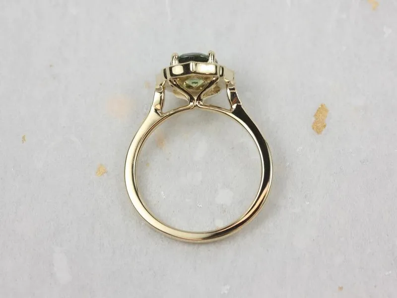 1.69ct Ready to Ship Mae 14kt Gold Lightning Ocean Teal Sapphire Diamond WITH Milgrain Oval Halo Ring view 3