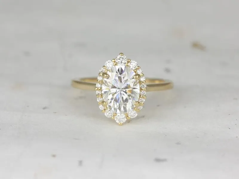 2ct Electra 9x7mm 14kt Gold Moissanite Diamonds Shield Graduated Halo Ring view 3