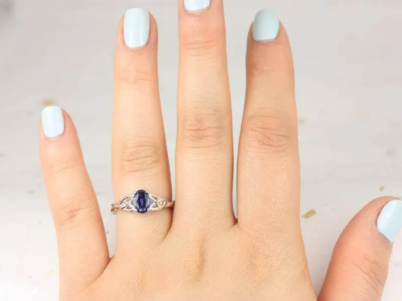 Ready to Ship Ciara 7x5mm 14kt White Gold Blue Sapphire Celtic Knot Triquetra Oval Solitaire Ring,Unique Celtic Knot Ring, Celtic Oval Ring vy 4