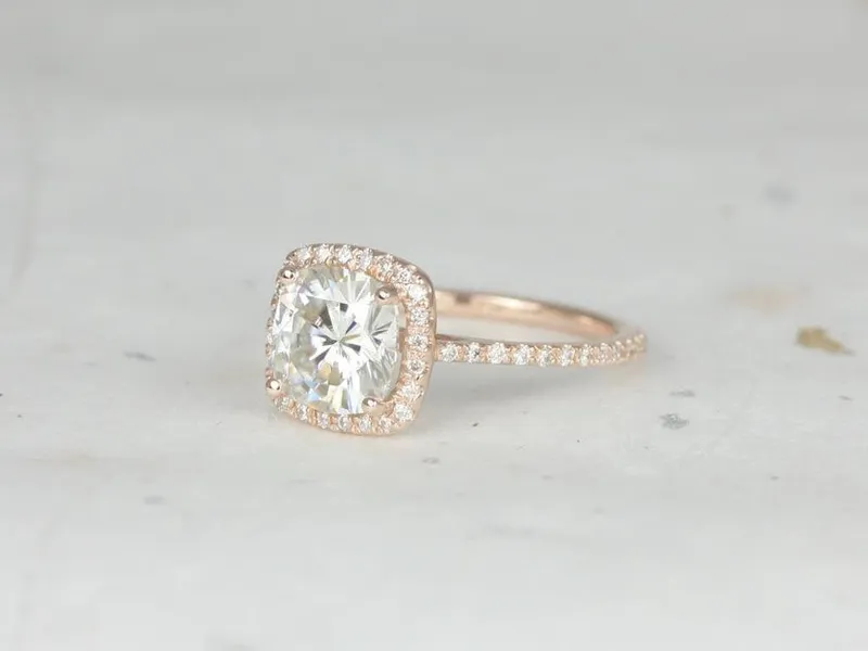 2ct Catalina 7.5mm 14kt Rose Gold Moissanite Diamond Dainty Minimalist Cushion Halo Ring view 2