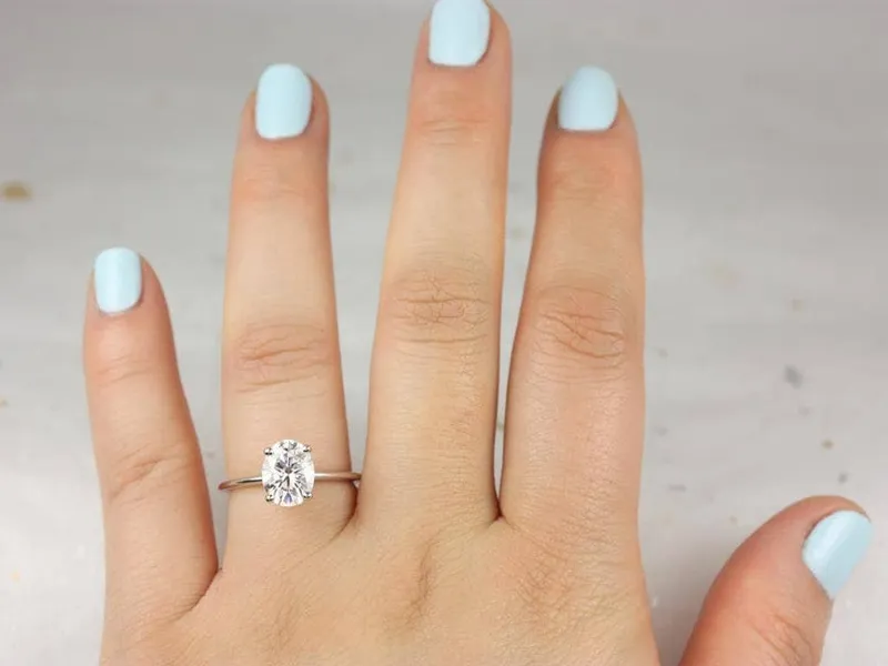 Ready to Ship Skinny Rhonda 9x7mm 14kt White Gold Oval Forever One Moissanite Thin Cathedral Solitaire Engagement Ring view 4