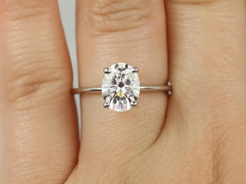 Ready to Ship Skinny Rhonda 9x7mm 14kt White Gold Oval Forever One Moissanite Thin Cathedral Solitaire Engagement Ring view 3