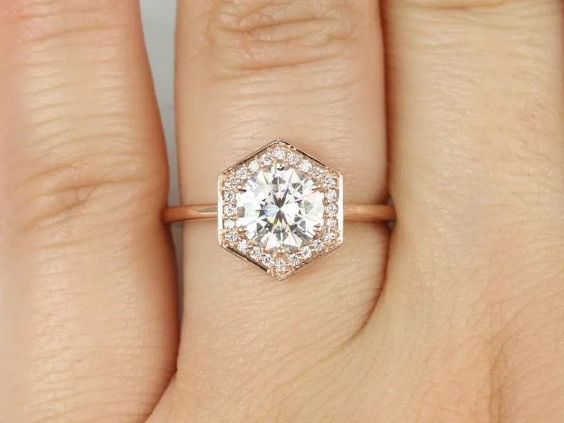 1.25ct Willis 7mm 14kt Rose Gold Moissanite Diamond WITHOUT Milgrain Hexagon Halo Ring view 3