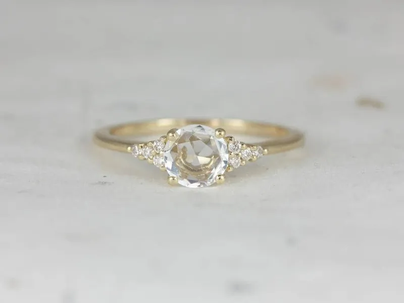 Ready to Ship Malia 6mm 14kt Gold Rose Cut Sapphire Diamonds Dainty Round 3 Stone Cluster Ring,Rosados Box sapphire round cut engagement ring
