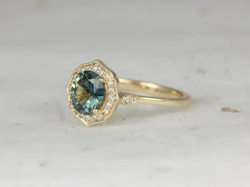 1.69ct Ready to Ship Mae 14kt Gold Lightning Ocean Teal Sapphire Diamond WITH Milgrain Oval Halo Ring view 2