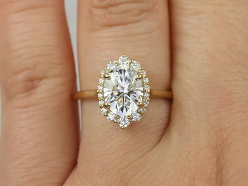 2ct Electra 9x7mm 14kt Gold Moissanite Diamonds Shield Graduated Halo Ring oval cut engagement ring