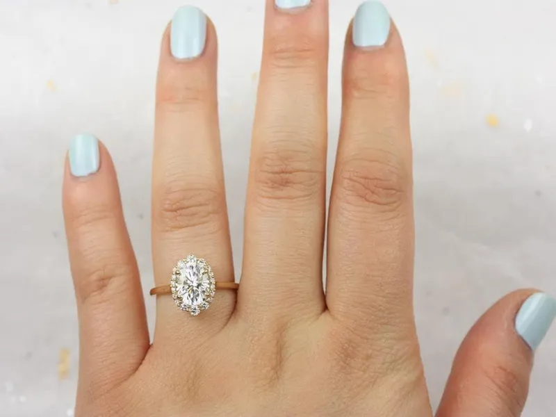 2ct Electra 9x7mm 14kt Gold Moissanite Diamonds Shield Graduated Halo Ring view 2
