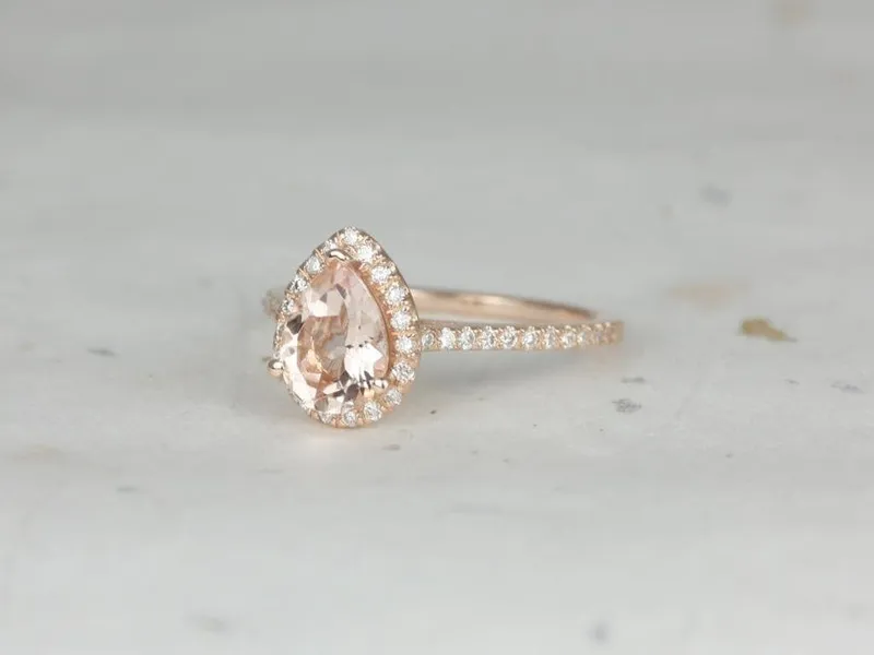 Tabitha 8x6mm 14kt Rose Gold Morganite Diamond Dainty Pave Pear Halo Ring,Pear Morganite Engagement Ring,Morganite Halo Ring view 2