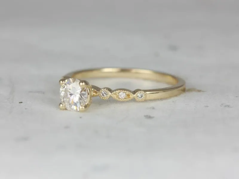 0.50ct Ready to Ship Gale 5mm 14kt Moissanite Diamonds WITH Milgrain Round Solitaire Ring view 2
