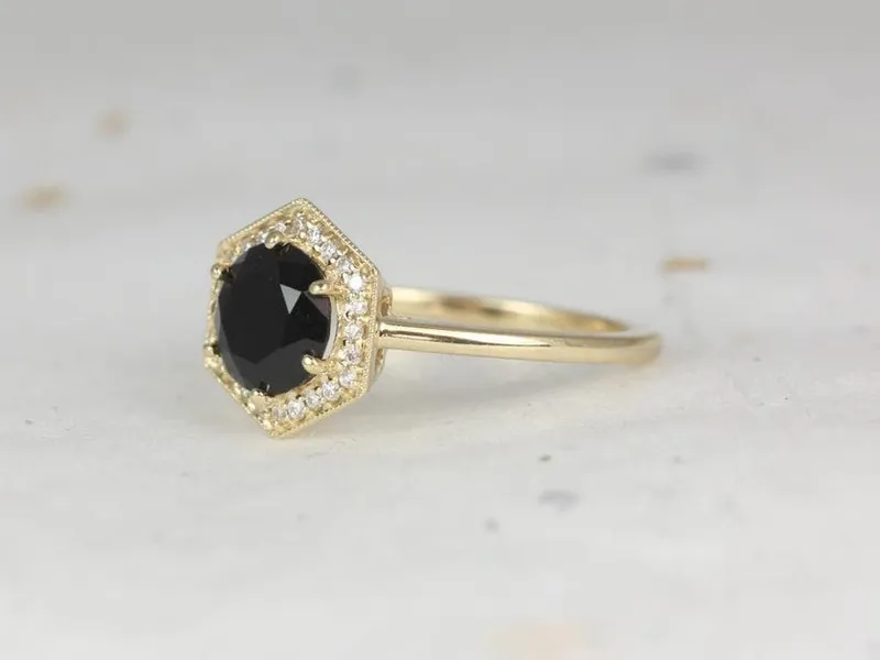 Willis 7mm 14kt Gold Black Onyx Diamond WITH Milgrain Art Deco Hexagon Halo Ring view 3