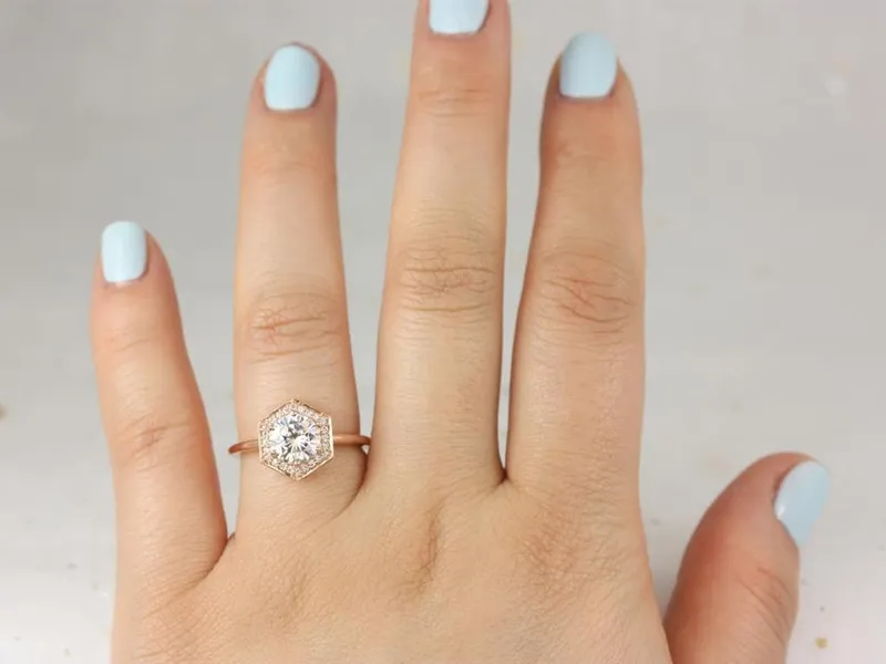 1.25ct Willis 7mm 14kt Rose Gold Moissanite Diamond WITHOUT Milgrain Hexagon Halo Ring view 4