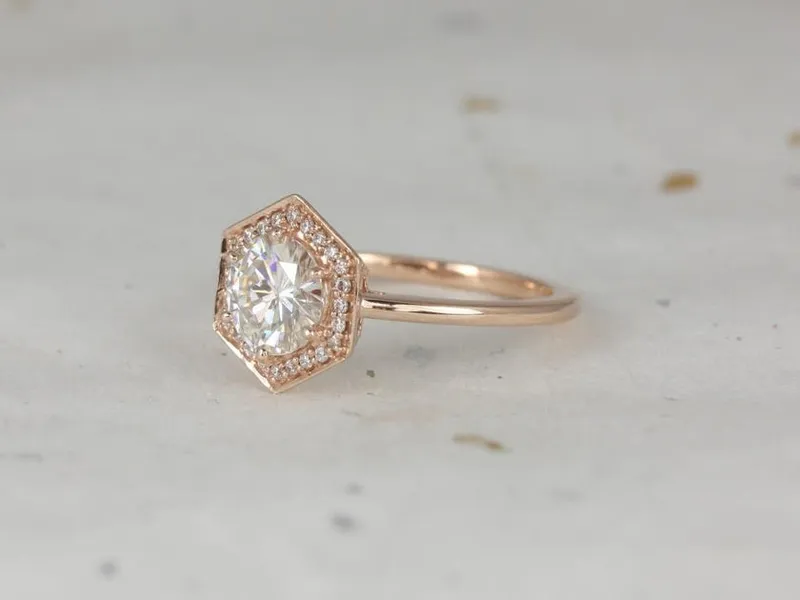1.25ct Willis 7mm 14kt Rose Gold Moissanite Diamond WITHOUT Milgrain Hexagon Halo Ring view 2