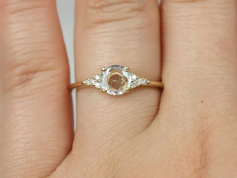 Ready to Ship Malia 6mm 14kt Gold Rose Cut Sapphire Diamonds Dainty Round 3 Stone Cluster Ring,Rosados Box view 3